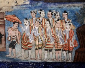 En grupp thailändska yai (Shan) män, detalj av väggmålningarna av Viharn laikam som porträtterar Sang Thong Tales (väggmålning) av Thai School
