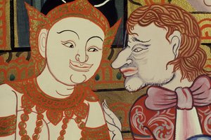 Samtida målning i klassisk stil som visar thailändska och västerländska människor (wc & guld på papper) av Thai School