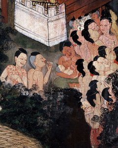 Folkmassa tittar på teaterföreställningar på en begravning (väggmålning) av Thai School