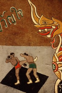 Dekoration på en oxkärra föreställande Muay Thai (färg på trä)