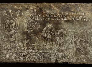 Graverad stenpanel som föreställer Bhojajania Jataka Tale, från Wat Si Chum, Sukhothai, 1300-1400-talet av Thai School