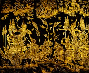 Avsnitt från Ramakien, detalj av en skärm (guld & lack) av Thai School