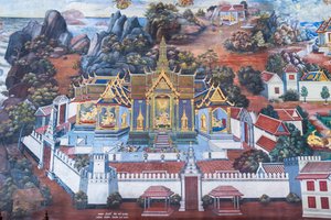 Väggmålning som visar scener från Ramayana vid Wat Phra Kaeo, Royal Grand Palace, Bangkok, Thailand