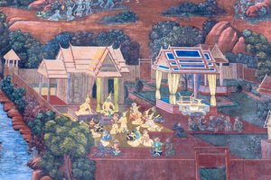 Väggmålning som visar scener från Ramayana vid Wat Phra Kaeo, Royal Grand Palace, Bangkok, Thailand av Thai School