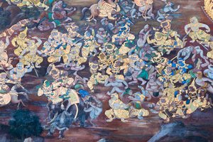 Väggmålning som visar scener från Ramayana vid Wat Phra Kaeo, Royal Grand Palace, Bangkok, Thailand av Thai School