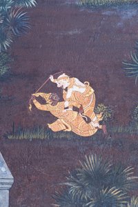 Väggmålning som visar scener från Ramayana vid Wat Phra Kaeo, Royal Grand Palace, Bangkok, Thailand av Thai School