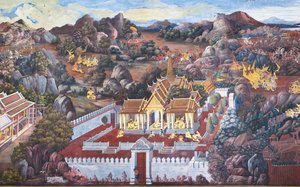 Väggmålningar som visar scener från Ramakian vid Wat Phra Kaeo, Royal Grand Palace, Bangkok, Thailand