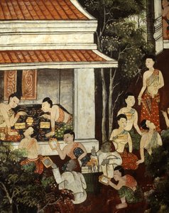 Palatsdamer köper smycken och speglar från muslimska köpmän, Rattanakosin-stil (väggmålning) av Thai School