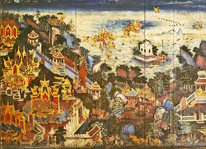 Bakre panel av en garderob som visar en scen från Ramakien (olja på panel) av Thai School