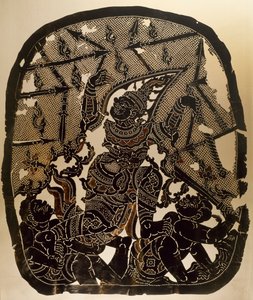 Scen från Nang Yai skuggdockteater som representerar Virunjambang, armégeneral Dasakantha, snidad läderpanel, Thailand, Thai Civilization av Thai School
