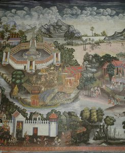 Staden Phitsanulok och fontän med statyer av Buddha, Wat Bowonniwet Vihara, Bangkok av Thai School