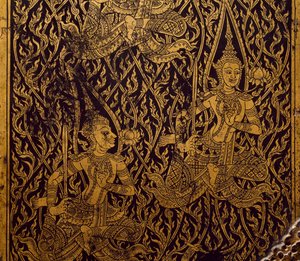 Garderob för sutra, snidat och lackat trä, från Bangkok, Thailand, Detail, Thai Civilization, tidigt 1800-tal av Thai School