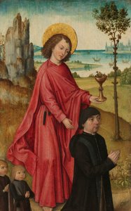 En donator och hans två söner med Sankt Johannes evangelisten, inre vänstra flygeln på en triptyk av The (Bruges) Master of the Legend of Saint Ursula (workshop of)