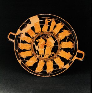 Medaljong i mitten: Dionysos betjänad av en pojke ... av The Triptolemos Painter
