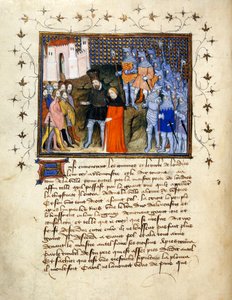 (Hel folio) Kung Richard II, ledd fången av Henry Bolingbroke till London, avsäger sig tronen; dekorerad bård med text nedan.