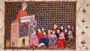 Harl 1319 f.12 Ärkebiskop Arundel predikar för Henriks sak, från 