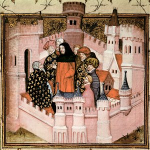 Harl 1319 f.37v Richard II tar emot Earl of Northumberland vid Conway, från 