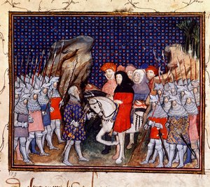 Harley 1319, fol.44, kung Richard II möter earlen av Northumberland i Conway och erbjuder sig att avsäga sig kronan