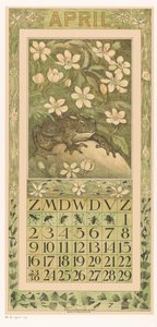 April kalenderblad med groda Kalender 1911 12 litografier av Th. v. Hoytema (serietitel) Vägen bland blommor av Theo van Hoytema