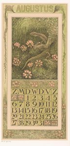 Augusti kalendersida med ödla och ljung Kalender 1911 12 litografier av Th. v. Hoytema (serietitel) av Theo van Hoytema