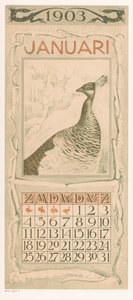 Januari kalenderblad med påfågel Kalender 1903 12 litografier av Th. v. Hoytema (serietitel) av Theo van Hoytema