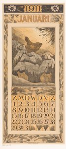 Januari kalenderblad med gärdsmyg och möss Kalender 1911 12 litografier av Th. v. Hoytema (serietitel)