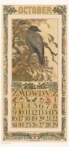Oktober kalendersida med färgglad kråka Kalender 1910 12 litografier av Th. v. Hoytema (serietitel)