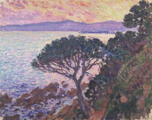 Tall vid havet vid solnedgång av Théo van Rysselberghe
