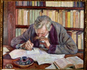 Porträtt av den belgiske poeten Emile Verhaeren (1885-1916) på hans kontor Målning av Theodore Van Rysselberghe (1862-1926) 1900-talets Paris. Kommunala museet för modern konst av Théo van Rysselberghe