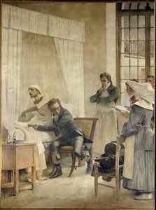 Rene Laennec granskar en phtic inför sina elever. Rene-Theophile-Hyacinthe Laennec (1781-1826), fransk läkare, uppfinnare av "pectoriloque" eller stetoskop. Fresk
