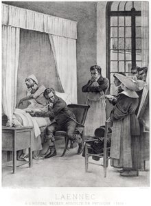 Rene Theophile Hyacinthe Laennec (1781-1826) lyssnar på bröstet på en man med konsumtion, 1816