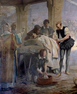Läkaren Ambroise Pare (1509-1590) praktiserar bindningen av artererna på en harquebusher som skadades under belägringen av Metz av Charles V 1553 Detail. Målning av Theobald Chartran (1849-1907)