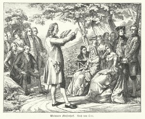The Weimar Court of the Muses: tysk poet och dramatiker Friedrich Schiller som läser på Schloss Tiefurt, med Christoph Martin Wieland, Johann Wolfgang Goethe och Johann Gottfried Herder bland de lyssnande (gravyr) av Theobald Reinhold von Oer
