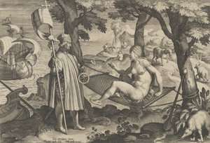 New Inventions of Modern Times [Nova Reperta], The Discovery of America, skylt 1, ca. ..., ca. 1600.