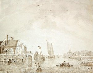 Frakt i en mynning av en by med en stad i fjärran (penna och bläck med tvätt på papper) av Theodor Verrijk
