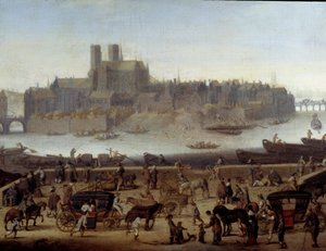 Kajen och Tournelle-bron i Paris Detalj. Utsikt över hamnen och ön La Cite. Målning tillskriven Theodor Matham (1606-1676) 1646 Paris, Carnavalet museum av Theodor (attr. to) Matham