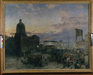 Washington Street, Indianapolis At Dusk (olja på duk) av Theodor Groll