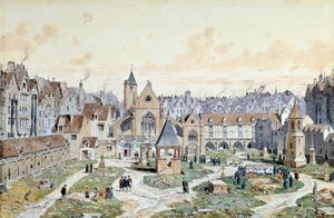 Utsikt över de oskyldigas kyrkogård i Paris 1550. Akvarell av Theodore Joseph Hubert Hoffbauer (1839-1922) 1800-talets Paris, Musee Carnavalet
