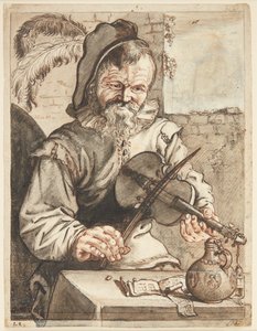 En violinist, halvfigur i ansiktet, sittande framför ett bord med noter, en trumma och ett glas av Theodor Matham