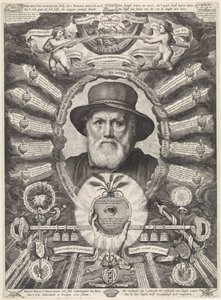 Porträtt av Dirck Volckertsz. Coorndeer i allegorisk ram av Theodor Matham