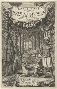 Två män och vilda djur framför en skog Titelsida för: Indiae Utriusque, 1658 av Theodor Matham
