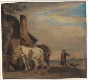 Charles tar med vatten till två hästar (kopia efter Paulus Potters målning på Louvren) av Theodor Philipsen