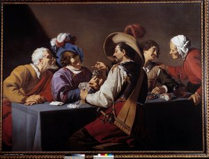 Kortspelare, brelan Målning av Theodore Rombouts (1597-1637) 1600-talets sön. 1,52x2,06 m Antwerpen. Koninklik Museum - Kortspelarna, "" brelan"". Målning av Theodore Rombouts (1597-1637)