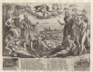 Jämförelse mellan Oranje och Alva, med Spanska Fury i bakgrunden, ca 1577 av Theodor de Bry (attributed to)
