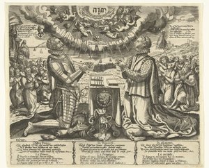 William av Orange och Charlotte av Bourbon knäböjer i landskapet av Theodor de Bry (attributed to)