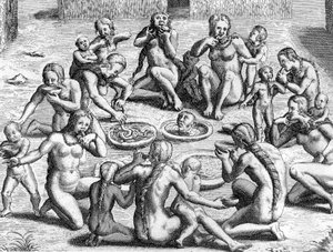 En buljong är gjord av tarmarna: kannibalism av indianer i New World (Amazonia), gravyr av Theodore de Bry för boken "Le Voyage au Brezil de Jean de Lery 1556-1558" publicerad 1578