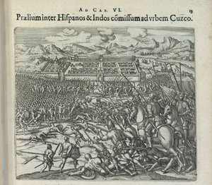 Strid mellan spanjorerna och indianerna vid grindarna i Cuzco, 1596. av Theodor de Bry