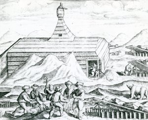 Björnjägare, Illustration från "India Orientalis" 1598 (gravyr)