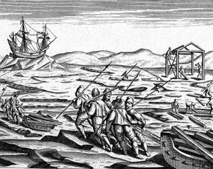 Byggande av ett hus för vintern på Nordpolen, ca 1600 (gravyr) av Theodor de Bry