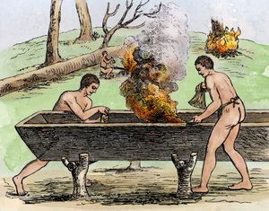 Indianer gör en kanot, visar trädstammen med eld och gräver med örtbitar. Gravyr 1590 av Theodore De Bry, färgstark 1800-talsgravyr.